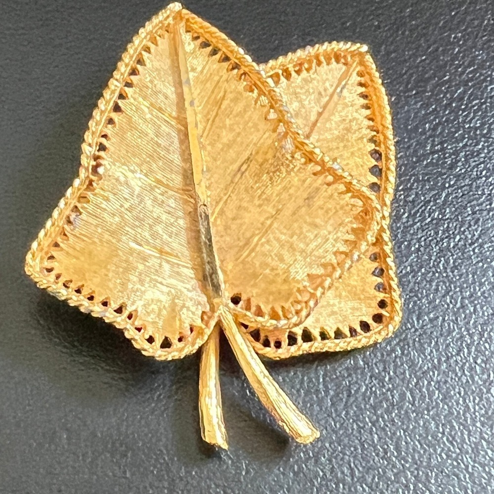 Vintage‎ BSK Double Leaf Brooch Brushed Gold Tone Pin